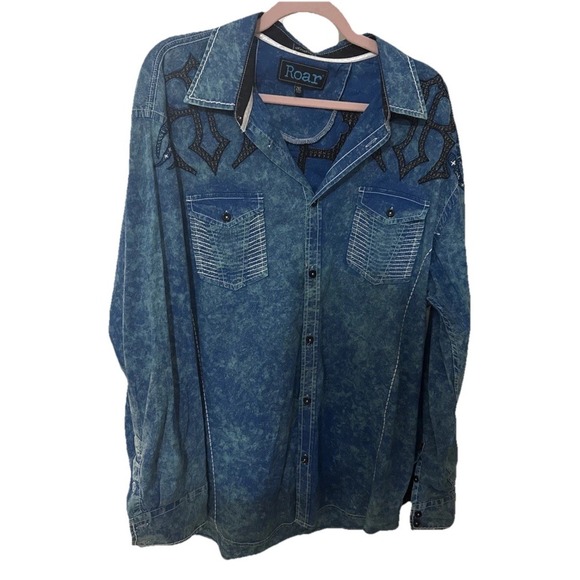 ROAR Signature Edition 2X Button Up Western Shirt Turquoise Black Embroidered - Picture 3 of 9